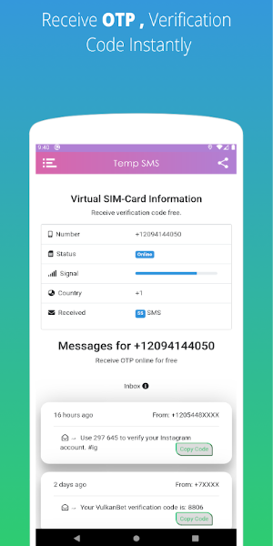Temp SMS - Temporary Numbers Captura de tela 2