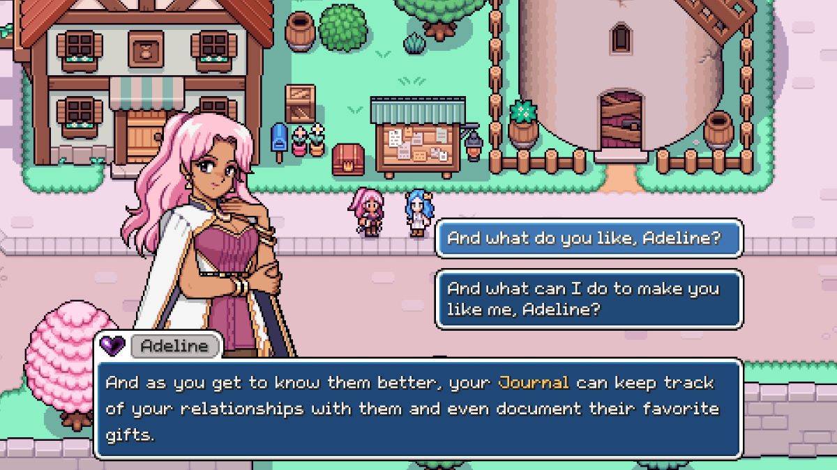 Screenshot of dialogue options in conversation with Adeline in Fields of Mistria