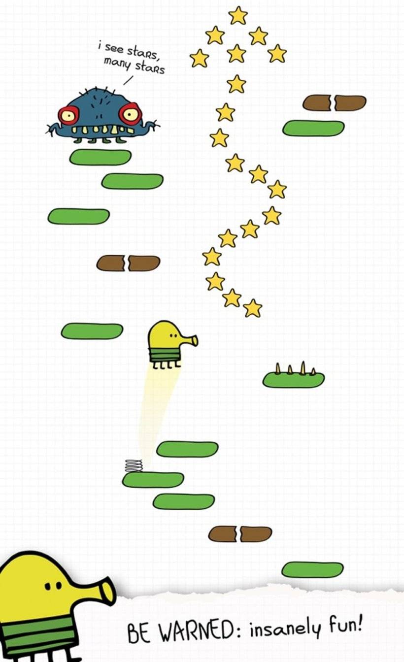 A screenshot of Doodle Jump in action as the doodle jumps past an alien