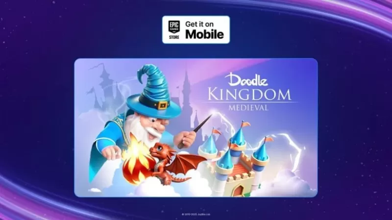 Doodle Kingdom Medieval promotional image featuring wizard battling dragon