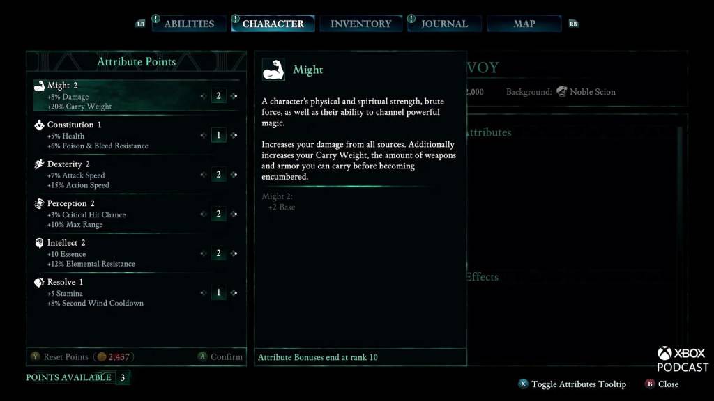 Senarai atribut di Avowed, dari Xbox Podcast