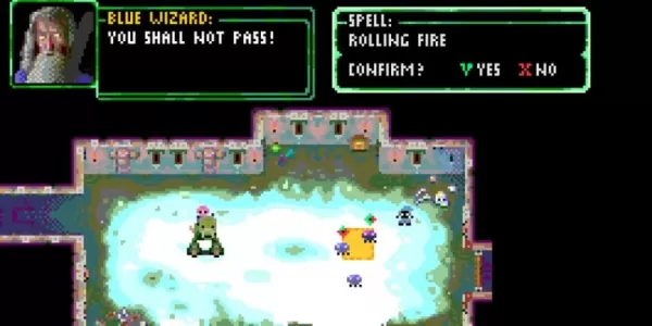 Isang larawan ng isang pixellated ice cave kung saan ang isang babae at isang halimaw na halimaw ay nakatayo sa pag-uusap.