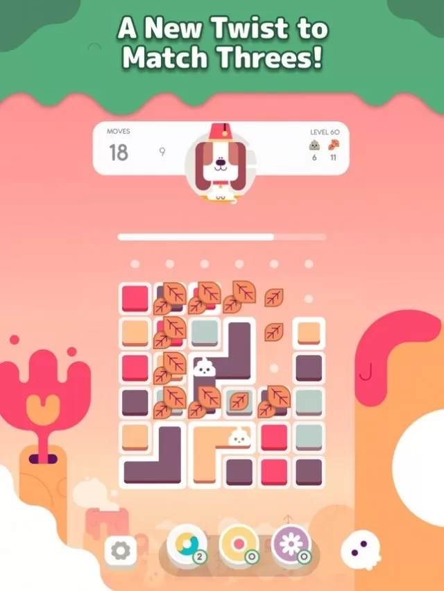 Un'interfaccia di gioco colorata che mostra una svolta unica sul classico gameplay Match-3 con grafica vibrante e un adorabile cane.