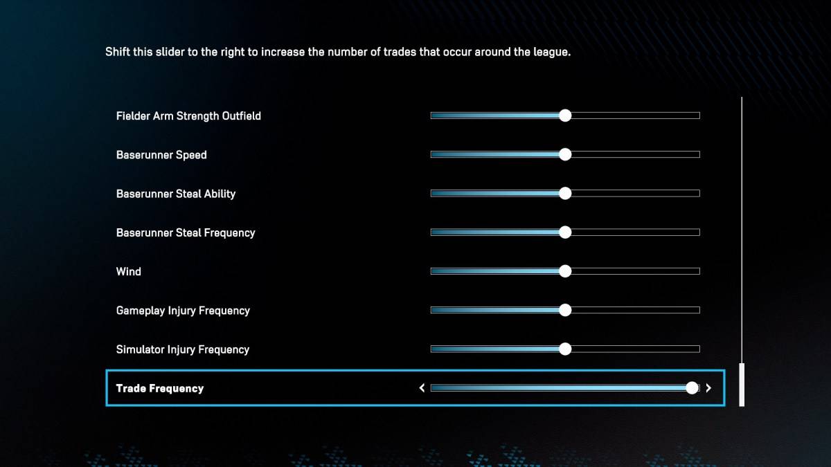Trade Frequency slider interface in MLB The Show 25 Road to the Show mode