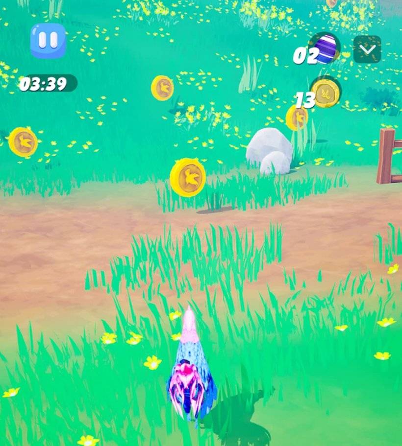 A screenshot of This Chicken Got Hands showing a chicken standing in a field, coins ahead of it ready to be collected