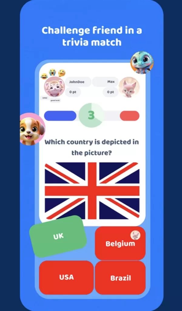 Uma captura de tela de um jogo de teste com várias respostas para determinar para qual país é a bandeira da Union Jack.