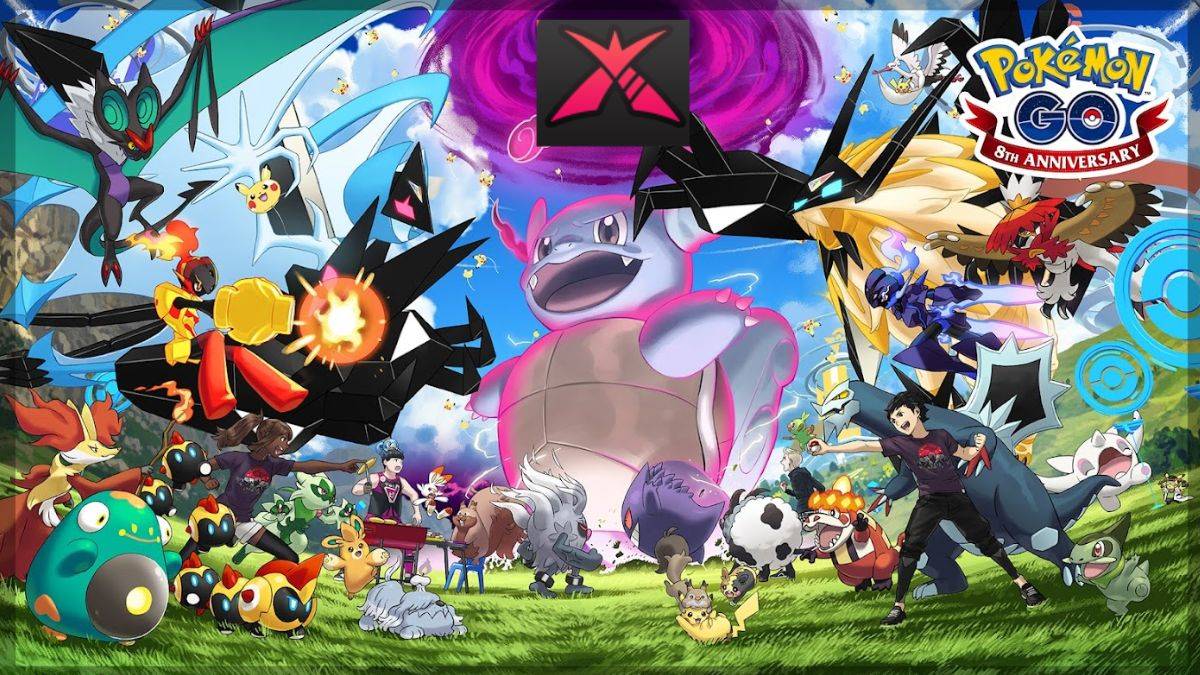 Pokemon GO 8th Anniversary Artwork featuring giant Wartortle, with the Dynamax symbol added