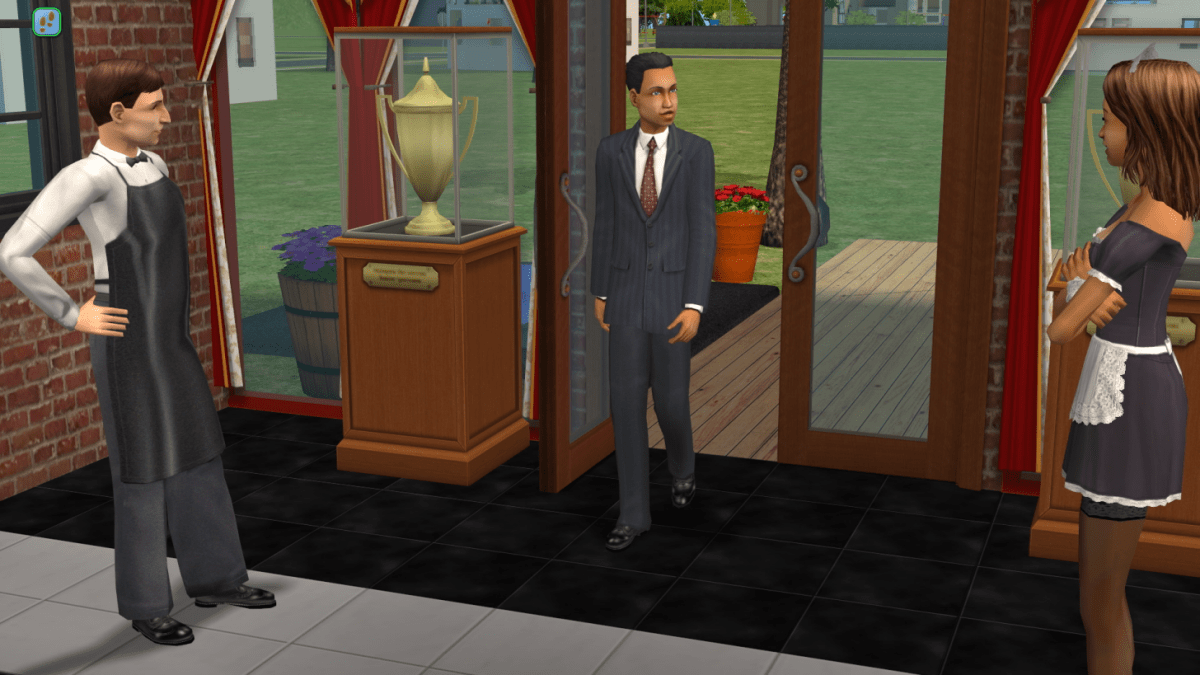 A character walking into a resturant in The Sims 2 as part of an article about cheats.