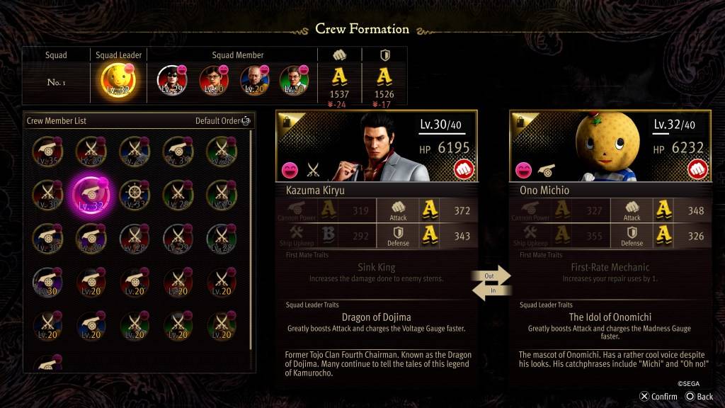 Ang screen ng Crew Formation Stat para sa Ono Michio sa Tulad ng isang Dragon: Pirate Yakuza sa Hawaii